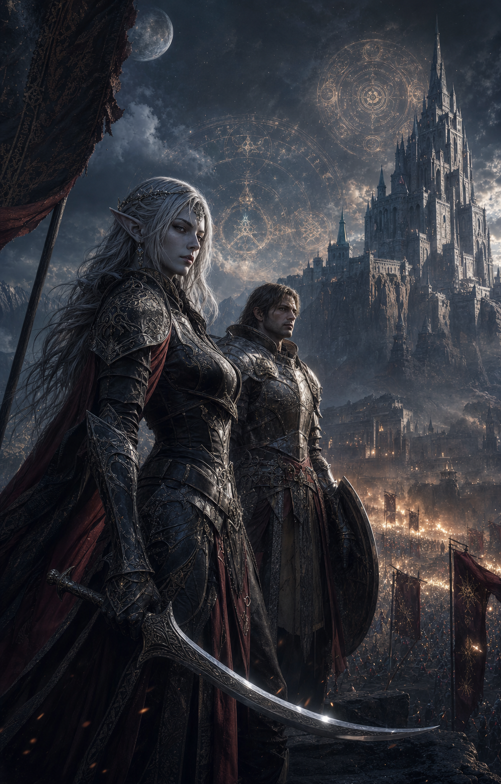 Темна ельфійка та лицар перед замком під час облоги — атмосфера Lineage II Chronicle 4